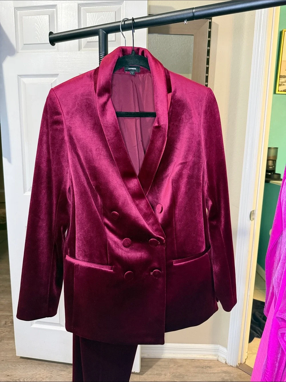 Velvet Double-Breasted Blazer & Trouser Set - Burgundy